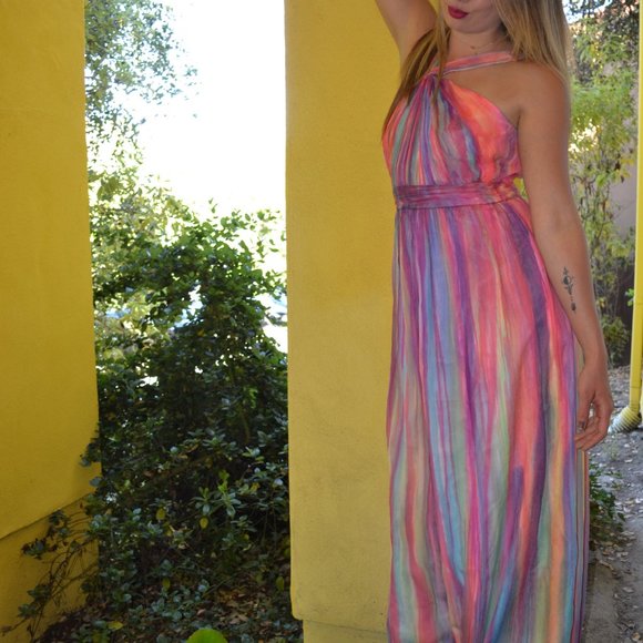 NEW silk halter long maxi dress painted rainbow pink 12 wedding party prom beach - Picture 7 of 13